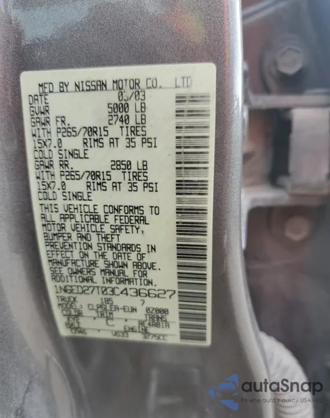 2003 Nissan Frontier Crew Cab Xe z USA, uszkodzony, nr VIN 1N6ED27T03C436627